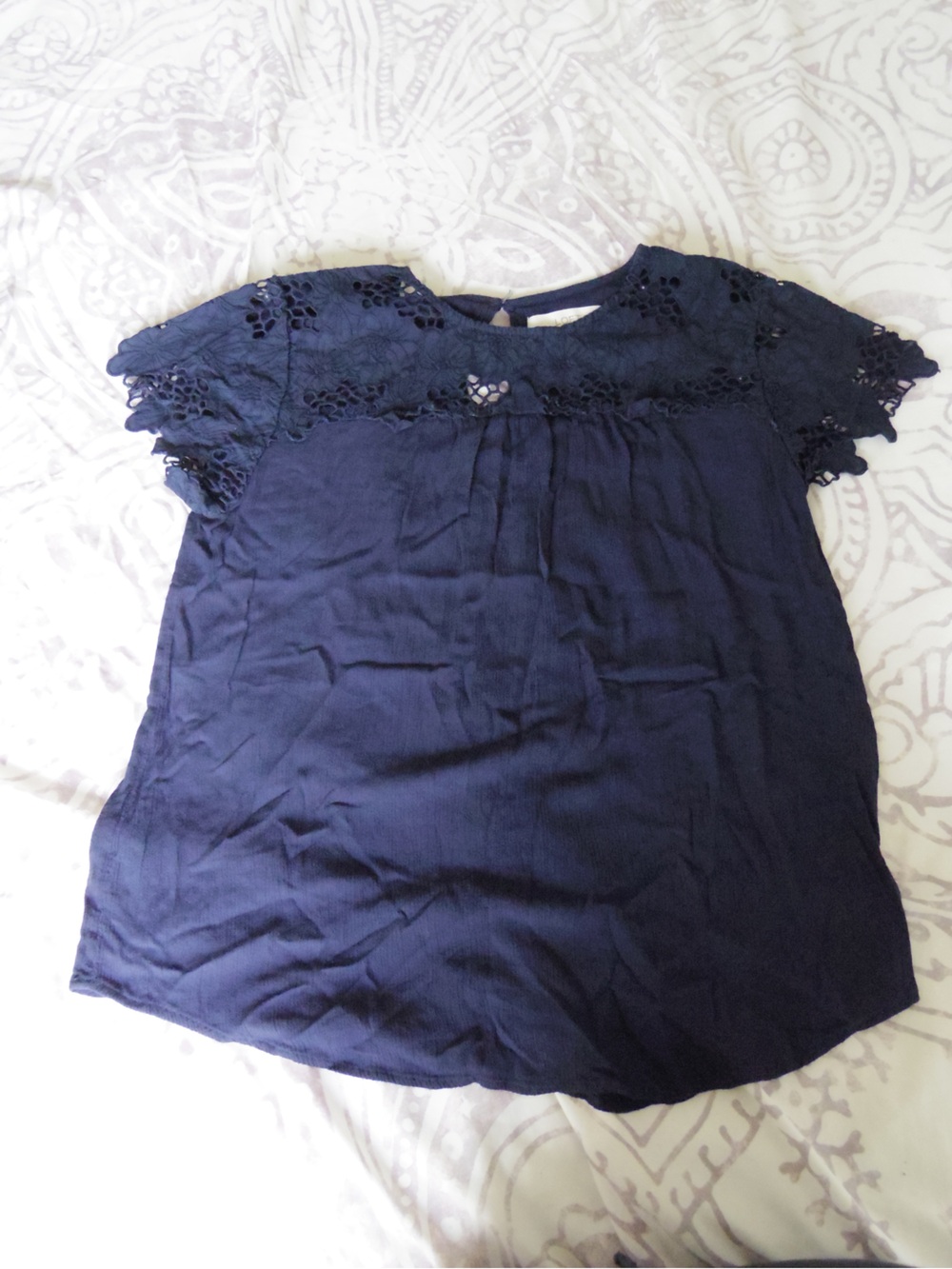 LOFT Navy Crochet-Trim Short Sleeve Blouse